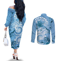 Polynesian Hibiscus Flower Tribal Couples Matching Off The Shoulder Long Sleeve Dress and Long Sleeve Button Shirt Blue Color LT9 - Polynesian Pride