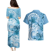 Polynesian Hibiscus Flower Tribal Couples Matching Puletasi and Hawaiian Shirt Blue Color LT9 - Polynesian Pride