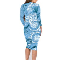 Polynesian Hibiscus Flower Tribal Family Matching Long Sleeve Bodycon Dress and Hawaiian Shirt Blue Color LT9 - Polynesian Pride