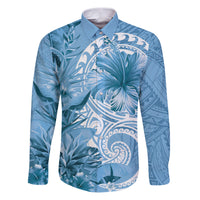 Polynesian Hibiscus Flower Tribal Family Matching Puletasi and Hawaiian Shirt Blue Color LT9 Dad's Shirt - Long Sleeve Blue - Polynesian Pride
