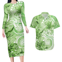 Polynesian Hibiscus Flower Tribal Couples Matching Long Sleeve Bodycon Dress and Hawaiian Shirt Lime Green Color LT9 Lime Green - Polynesian Pride