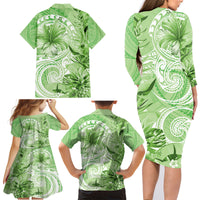 Polynesian Hibiscus Flower Tribal Family Matching Long Sleeve Bodycon Dress and Hawaiian Shirt Lime Green Color LT9 - Polynesian Pride