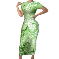 Polynesian Hibiscus Flower Tribal Family Matching Short Sleeve Bodycon Dress and Hawaiian Shirt Lime Green Color LT9 Mom's Dress Lime Green - Polynesian Pride