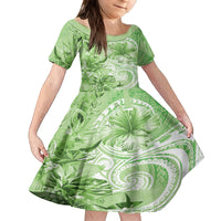 Polynesian Hibiscus Flower Tribal Kid Short Sleeve Dress Lime Green Color