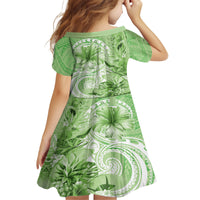 Polynesian Hibiscus Flower Tribal Kid Short Sleeve Dress Lime Green Color
