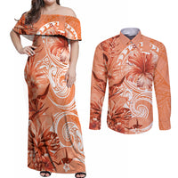 Polynesian Hibiscus Flower Tribal Couples Matching Off Shoulder Maxi Dress and Long Sleeve Button Shirt Peach Color LT9 Peach - Polynesian Pride