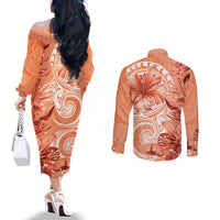 Polynesian Hibiscus Flower Tribal Couples Matching Off The Shoulder Long Sleeve Dress and Long Sleeve Button Shirt Peach Color LT9 - Polynesian Pride