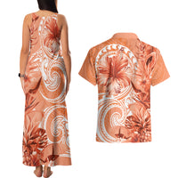 Polynesian Hibiscus Flower Tribal Couples Matching Tank Maxi Dress and Hawaiian Shirt Peach Color LT9 - Polynesian Pride