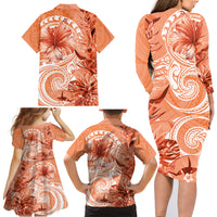 Polynesian Hibiscus Flower Tribal Family Matching Long Sleeve Bodycon Dress and Hawaiian Shirt Peach Color LT9 - Polynesian Pride