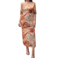 Polynesian Hibiscus Flower Tribal Family Matching Puletasi and Hawaiian Shirt Peach Color LT9 Mom's Dress Peach - Polynesian Pride