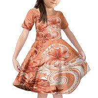Polynesian Hibiscus Flower Tribal Family Matching Short Sleeve Bodycon Dress and Hawaiian Shirt Peach Color LT9 Daughter's Dress Peach - Polynesian Pride