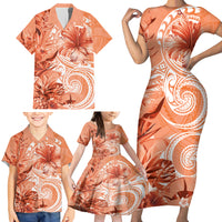 Polynesian Hibiscus Flower Tribal Family Matching Short Sleeve Bodycon Dress and Hawaiian Shirt Peach Color LT9 - Polynesian Pride