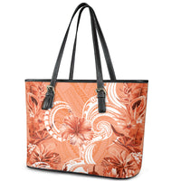 Polynesian Hibiscus Flower Tribal Leather Tote Bag Peach Color