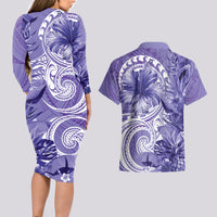 Polynesian Hibiscus Flower Tribal Couples Matching Long Sleeve Bodycon Dress and Hawaiian Shirt Violet Color LT9 - Polynesian Pride