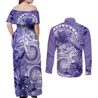Polynesian Hibiscus Flower Tribal Couples Matching Off Shoulder Maxi Dress and Long Sleeve Button Shirt Violet Color LT9 - Polynesian Pride