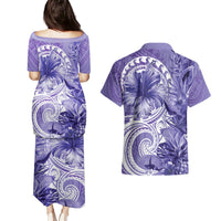 Polynesian Hibiscus Flower Tribal Couples Matching Puletasi and Hawaiian Shirt Violet Color LT9 - Polynesian Pride