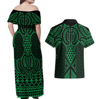 Kakariki Maori Ta Moko Poutama Art Couples Matching Off Shoulder Maxi Dress and Hawaiian Shirt LT9 - Polynesian Pride