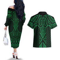 Kakariki Maori Ta Moko Poutama Art Couples Matching Off The Shoulder Long Sleeve Dress and Hawaiian Shirt LT9 - Polynesian Pride