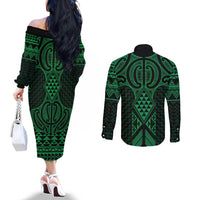 Kakariki Maori Ta Moko Poutama Art Couples Matching Off The Shoulder Long Sleeve Dress and Long Sleeve Button Shirt LT9 - Polynesian Pride