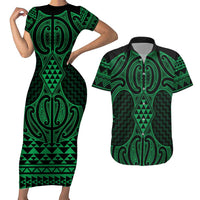 Kakariki Maori Ta Moko Poutama Art Couples Matching Short Sleeve Bodycon Dress and Hawaiian Shirt LT9 Green - Polynesian Pride