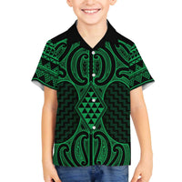 Kakariki Maori Ta Moko Poutama Art Family Matching Off The Shoulder Long Sleeve Dress and Hawaiian Shirt LT9 Son's Shirt Green - Polynesian Pride