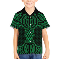 Kakariki Maori Ta Moko Poutama Art Family Matching Off Shoulder Short Dress and Hawaiian Shirt LT9 Son's Shirt Green - Polynesian Pride