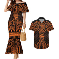 Karaka Maori Ta Moko Poutama Art Couples Matching Mermaid Dress and Hawaiian Shirt LT9 Gold - Polynesian Pride