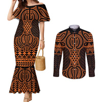 Karaka Maori Ta Moko Poutama Art Couples Matching Mermaid Dress and Long Sleeve Button Shirt LT9 Gold - Polynesian Pride