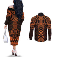 Karaka Maori Ta Moko Poutama Art Couples Matching Off The Shoulder Long Sleeve Dress and Long Sleeve Button Shirt LT9 - Polynesian Pride