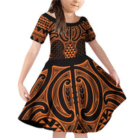 Karaka Maori Ta Moko Poutama Art Family Matching Off Shoulder Short Dress and Hawaiian Shirt LT9 Daughter's Dress Gold - Polynesian Pride