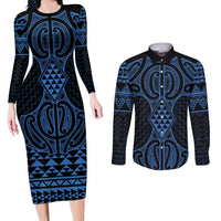 Kikorangi Maori Ta Moko Poutama Art Couples Matching Long Sleeve Bodycon Dress and Long Sleeve Button Shirt LT9 Blue - Polynesian Pride