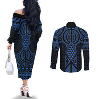Kikorangi Maori Ta Moko Poutama Art Couples Matching Off The Shoulder Long Sleeve Dress and Long Sleeve Button Shirt LT9 - Polynesian Pride