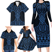 Kikorangi Maori Ta Moko Poutama Art Family Matching Long Sleeve Bodycon Dress and Hawaiian Shirt LT9 - Polynesian Pride