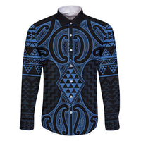 Kikorangi Maori Ta Moko Poutama Art Family Matching Puletasi and Hawaiian Shirt LT9 Dad's Shirt - Long Sleeve Blue - Polynesian Pride