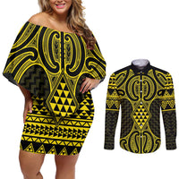 Mahi-dawg Maori Ta Moko Poutama Art Couples Matching Off Shoulder Short Dress and Long Sleeve Button Shirt LT9 Yellow - Polynesian Pride