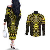 Mahi-dawg Maori Ta Moko Poutama Art Couples Matching Off The Shoulder Long Sleeve Dress and Long Sleeve Button Shirt LT9 - Polynesian Pride