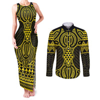 Mahi-dawg Maori Ta Moko Poutama Art Couples Matching Tank Maxi Dress and Long Sleeve Button Shirt LT9 Yellow - Polynesian Pride