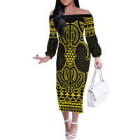 Mahi-dawg Maori Ta Moko Poutama Art Family Matching Off The Shoulder Long Sleeve Dress and Hawaiian Shirt LT9 Mom's Dress Yellow - Polynesian Pride