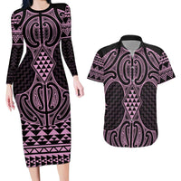 Mawhero Maori Ta Moko Poutama Art Couples Matching Long Sleeve Bodycon Dress and Hawaiian Shirt LT9 Pink - Polynesian Pride
