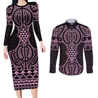 Mawhero Maori Ta Moko Poutama Art Couples Matching Long Sleeve Bodycon Dress and Long Sleeve Button Shirt LT9 Pink - Polynesian Pride
