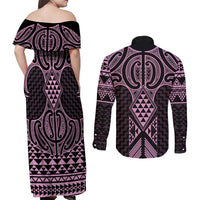 Mawhero Maori Ta Moko Poutama Art Couples Matching Off Shoulder Maxi Dress and Long Sleeve Button Shirt LT9 - Polynesian Pride