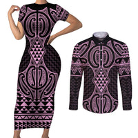 Mawhero Maori Ta Moko Poutama Art Couples Matching Short Sleeve Bodycon Dress and Long Sleeve Button Shirt LT9 Pink - Polynesian Pride