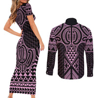 Mawhero Maori Ta Moko Poutama Art Couples Matching Short Sleeve Bodycon Dress and Long Sleeve Button Shirt LT9 - Polynesian Pride