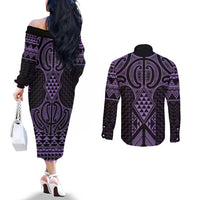 Waiporoporo Maori Ta Moko Poutama Art Couples Matching Off The Shoulder Long Sleeve Dress and Long Sleeve Button Shirt LT9 - Polynesian Pride
