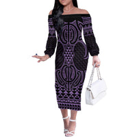 Waiporoporo Maori Ta Moko Poutama Art Family Matching Off The Shoulder Long Sleeve Dress and Hawaiian Shirt LT9 Mom's Dress Purple - Polynesian Pride