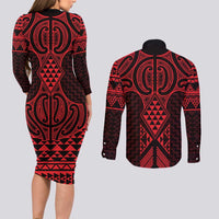 Whero Maori Ta Moko Poutama Art Couples Matching Long Sleeve Bodycon Dress and Long Sleeve Button Shirt LT9 - Polynesian Pride