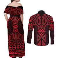 Whero Maori Ta Moko Poutama Art Couples Matching Off Shoulder Maxi Dress and Long Sleeve Button Shirt LT9 - Polynesian Pride