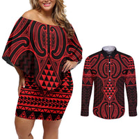 Whero Maori Ta Moko Poutama Art Couples Matching Off Shoulder Short Dress and Long Sleeve Button Shirt LT9 Red - Polynesian Pride