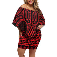 Whero Maori Ta Moko Poutama Art Family Matching Off Shoulder Short Dress and Hawaiian Shirt LT9 Mom's Dress Red - Polynesian Pride