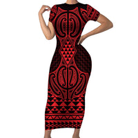 Whero Maori Ta Moko Poutama Art Family Matching Short Sleeve Bodycon Dress and Hawaiian Shirt LT9 Mom's Dress Red - Polynesian Pride